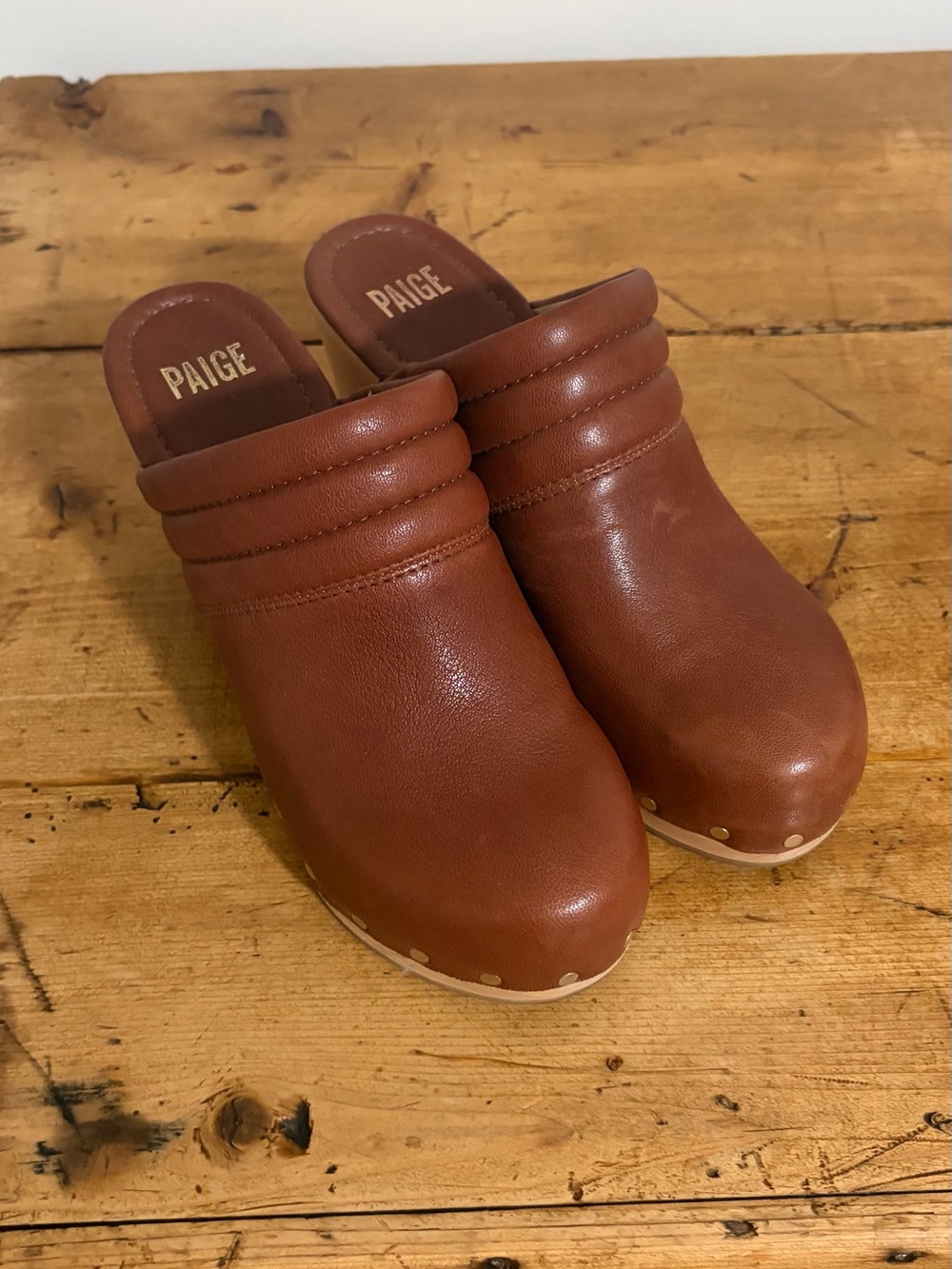 PAIGE Brown Leather Slip-On Clogs